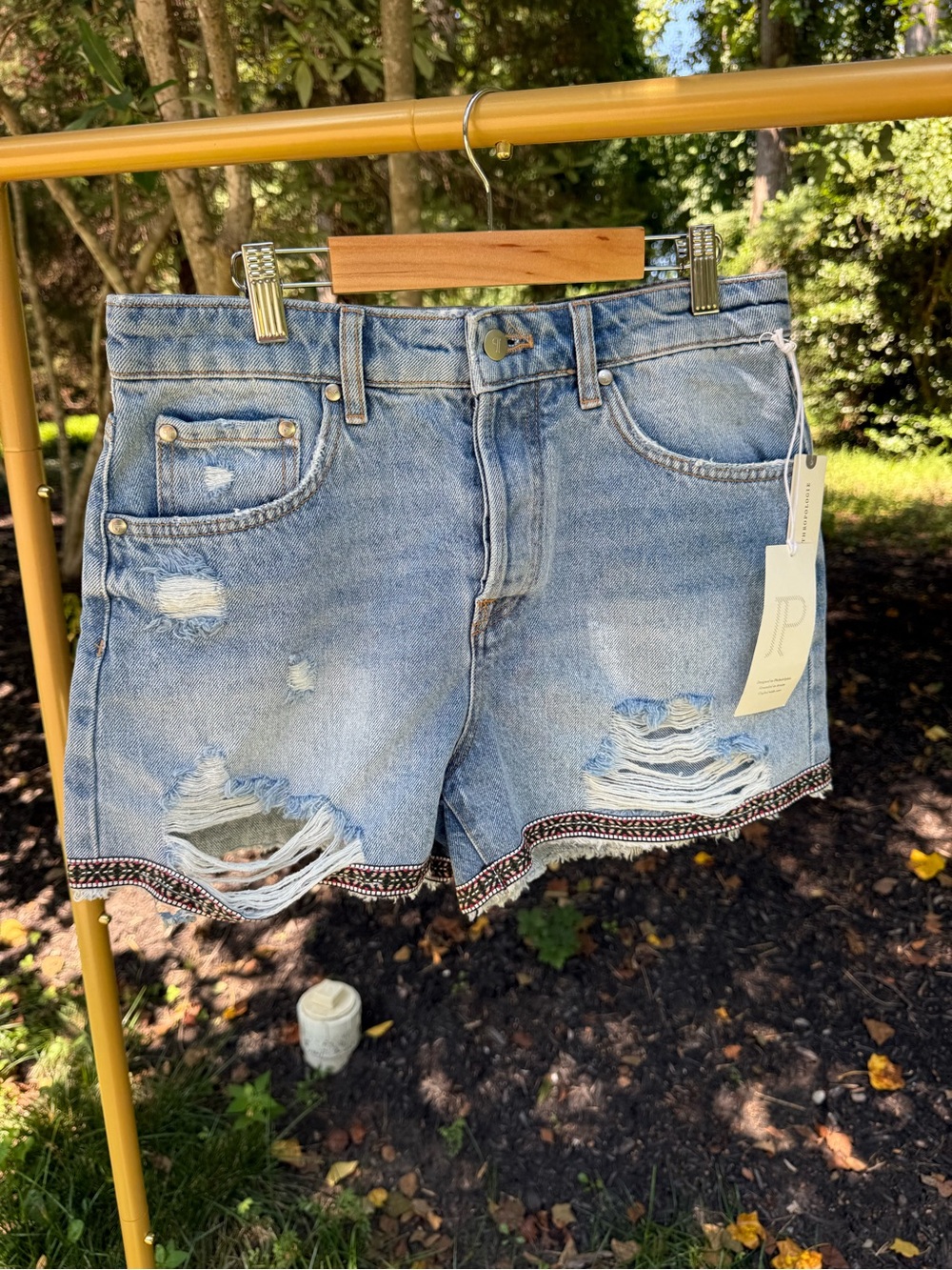 Anthropologie Light Blue Distressed Denim Shorts with Embroidered Trim